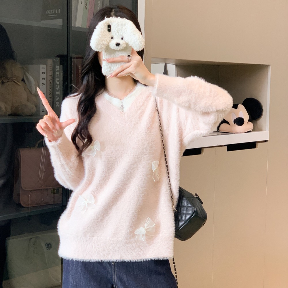 V-neck autumn and winter sweater bow tops for women