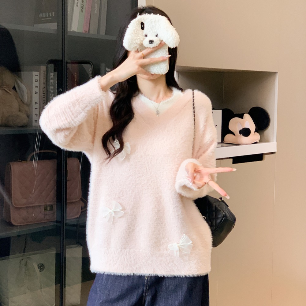 V-neck autumn and winter sweater bow tops for women