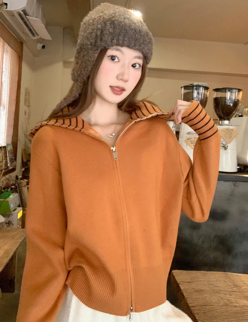 Unique slim tops double zip stripe cardigan for women