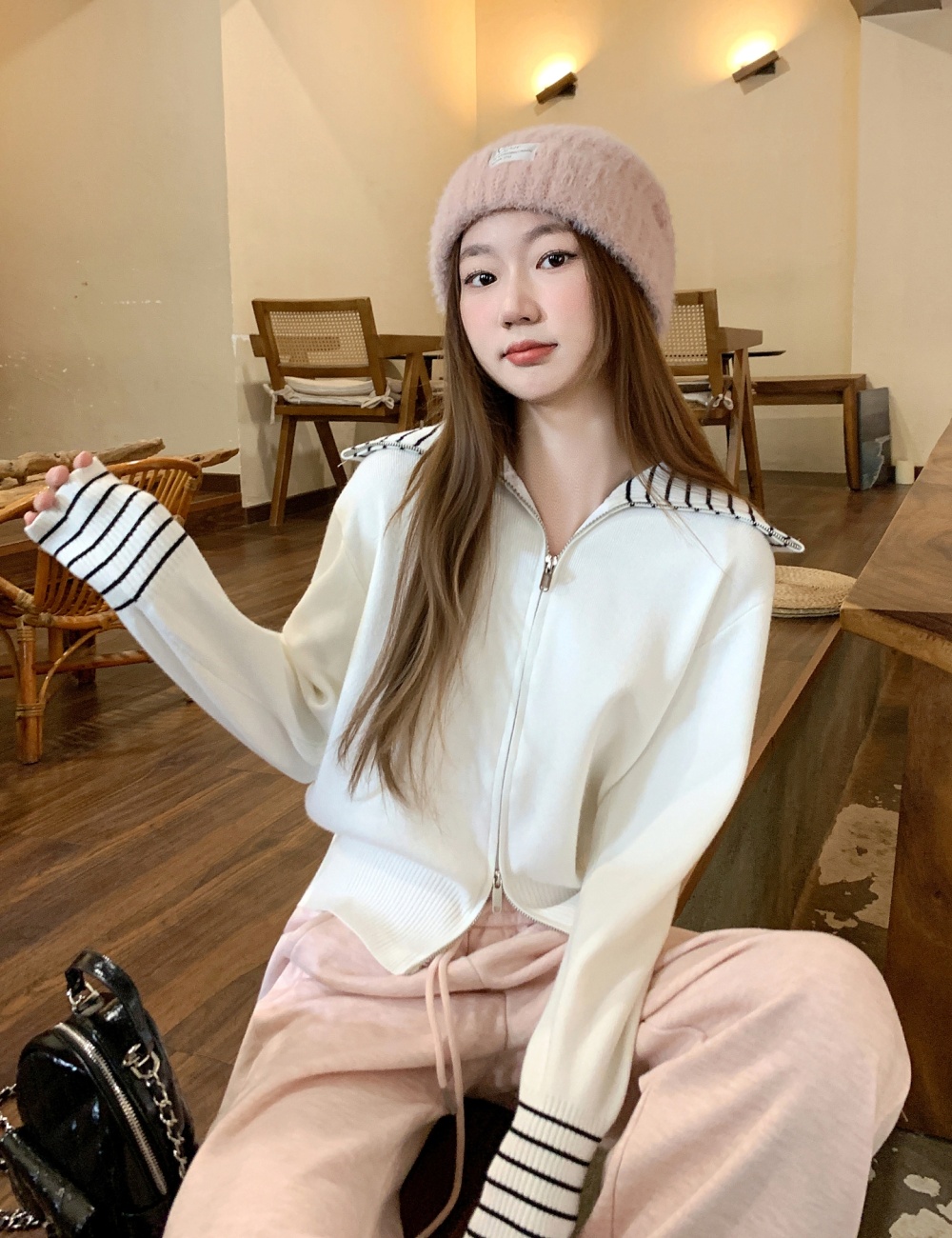 Unique slim tops double zip stripe cardigan for women