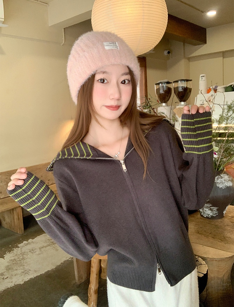 Unique slim tops double zip stripe cardigan for women