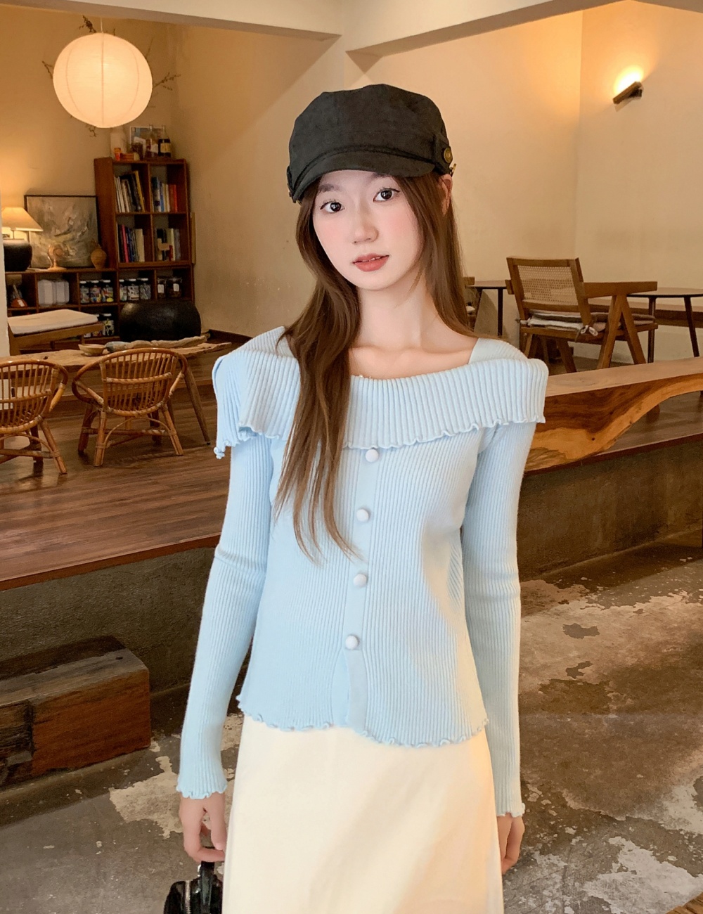 Horizontal collar tops bottoming shirt for women