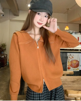 Knitted double zip cardigan navy collar coat for women