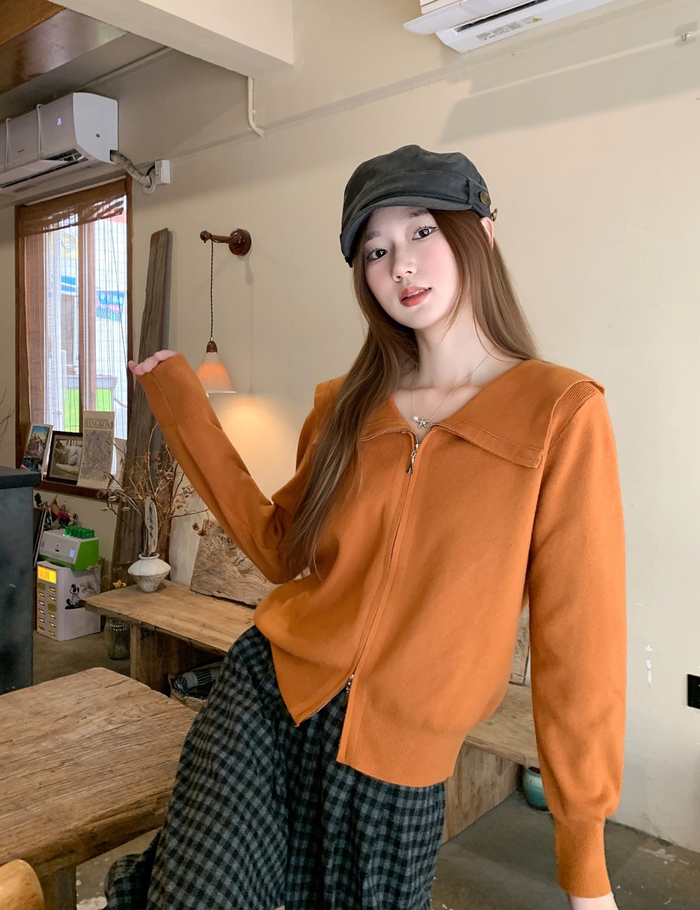 Knitted double zip cardigan navy collar coat for women