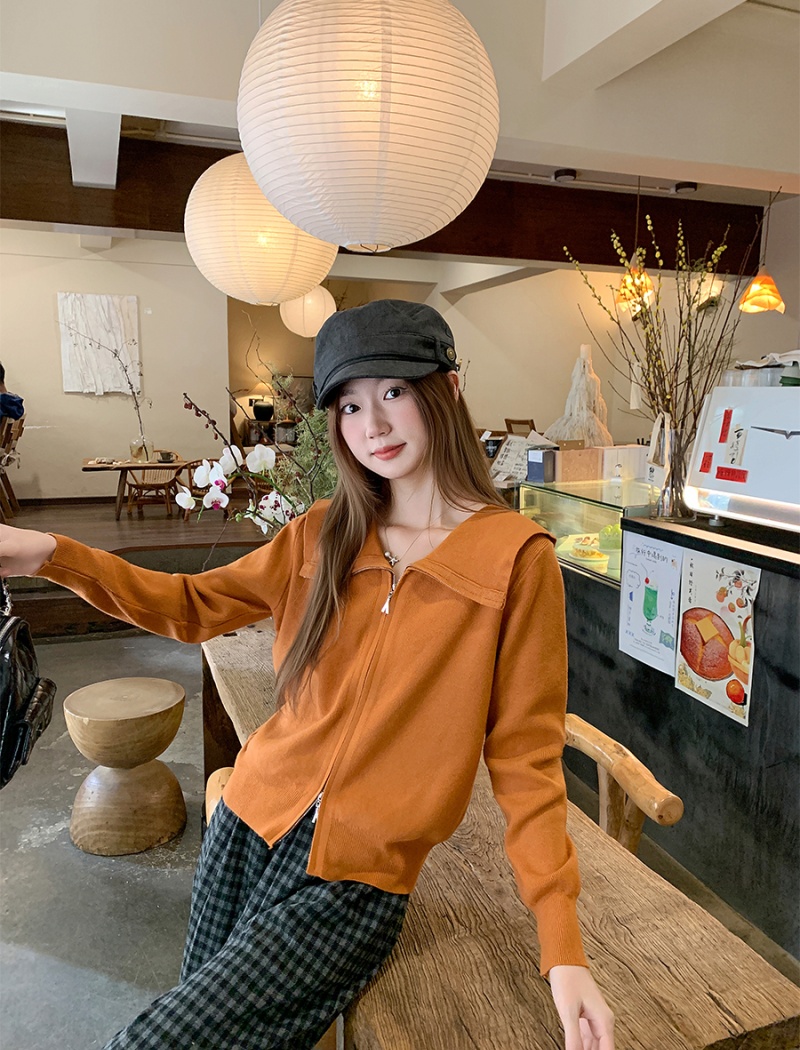 Knitted double zip cardigan navy collar coat for women