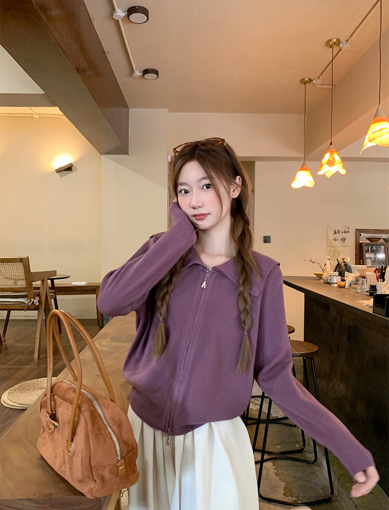 Knitted double zip cardigan navy collar coat for women