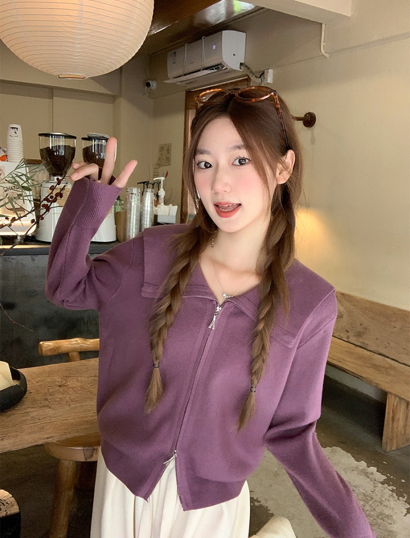 Knitted double zip cardigan navy collar coat for women