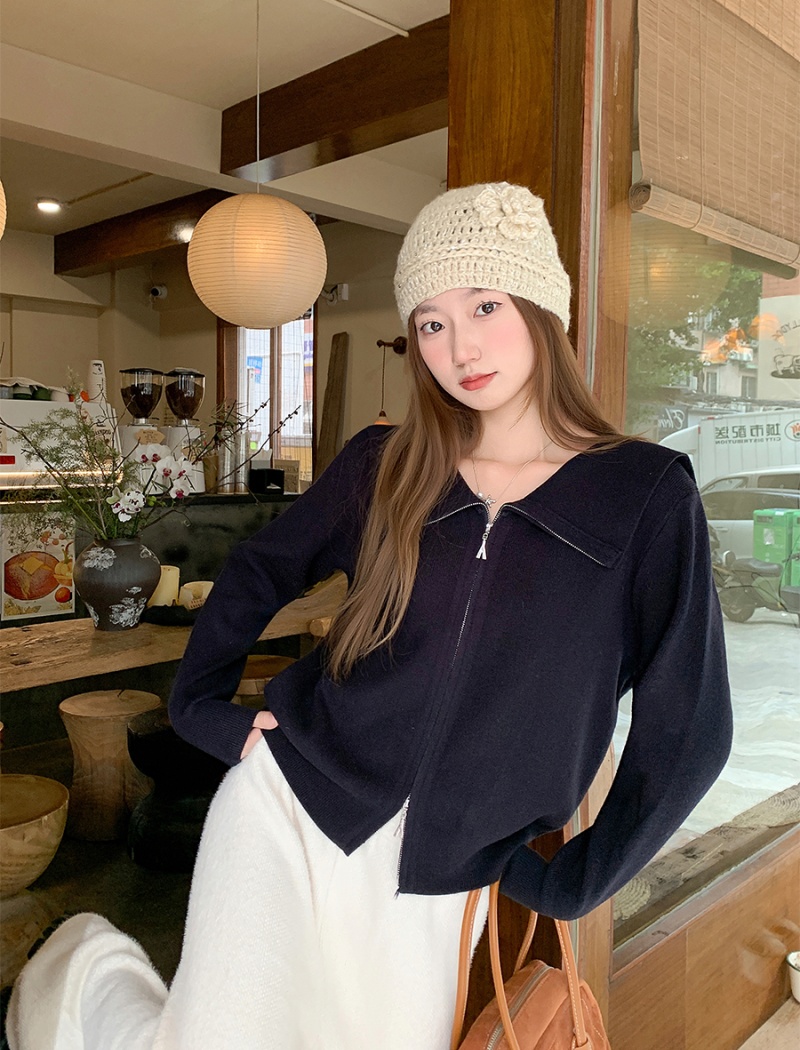 Knitted double zip cardigan navy collar coat for women
