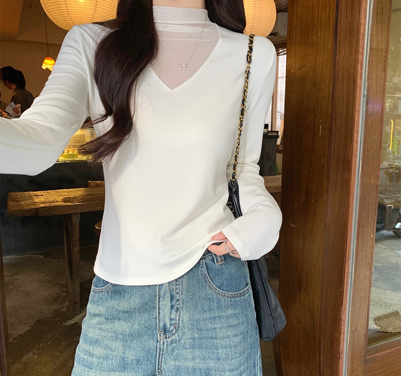 Half high collar slim T-shirt long sleeve sueding tops