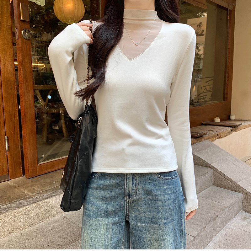Half high collar slim T-shirt long sleeve sueding tops