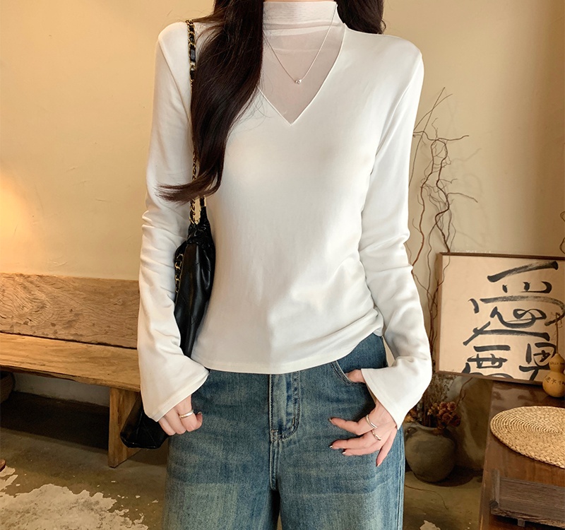 Half high collar slim T-shirt long sleeve sueding tops