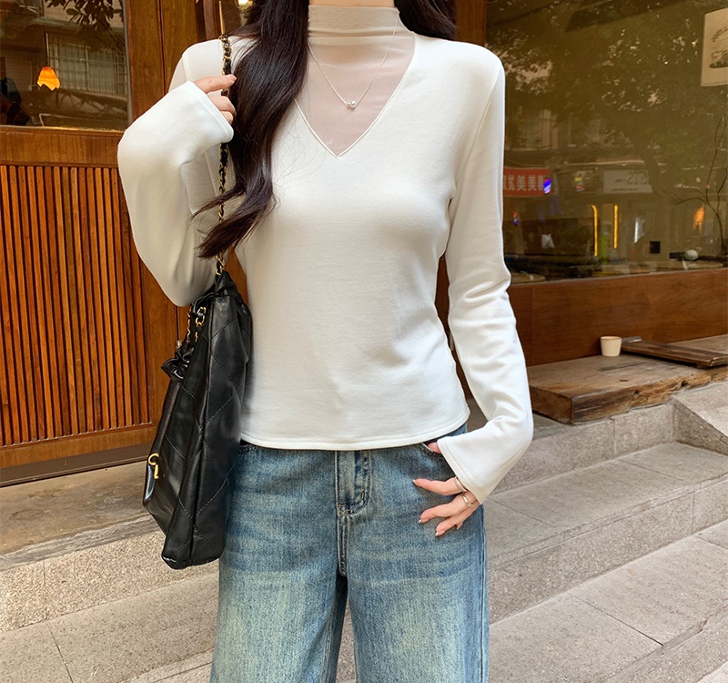 Half high collar slim T-shirt long sleeve sueding tops