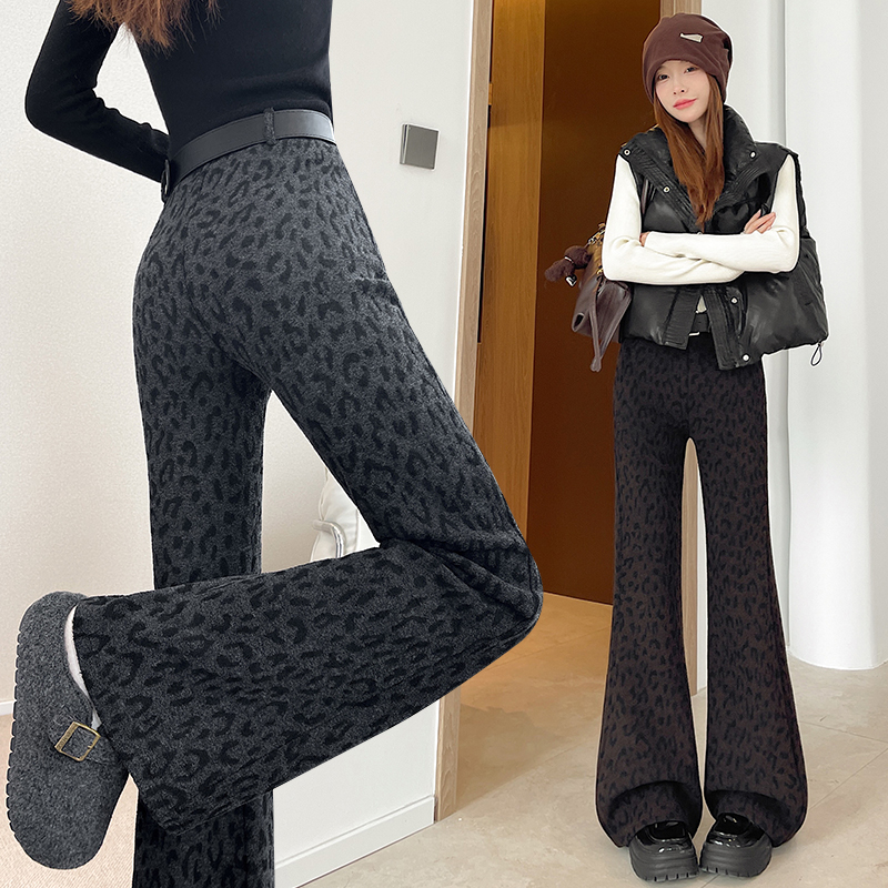 Plus velvet leopard pants winter slim flare pants
