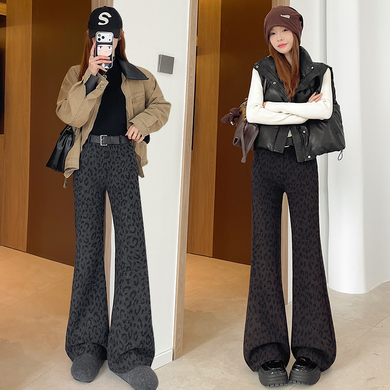 Plus velvet leopard pants winter slim flare pants