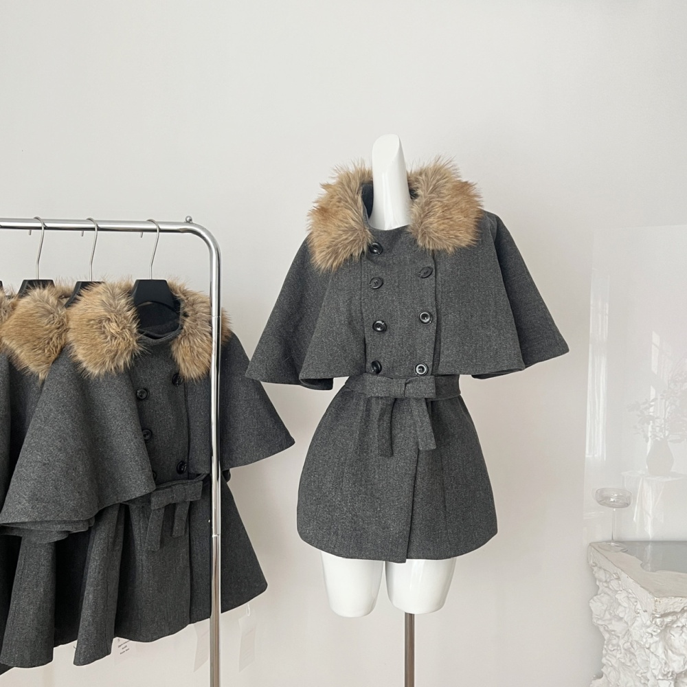 Fur collar dark-gray woolen coat winter coat for women