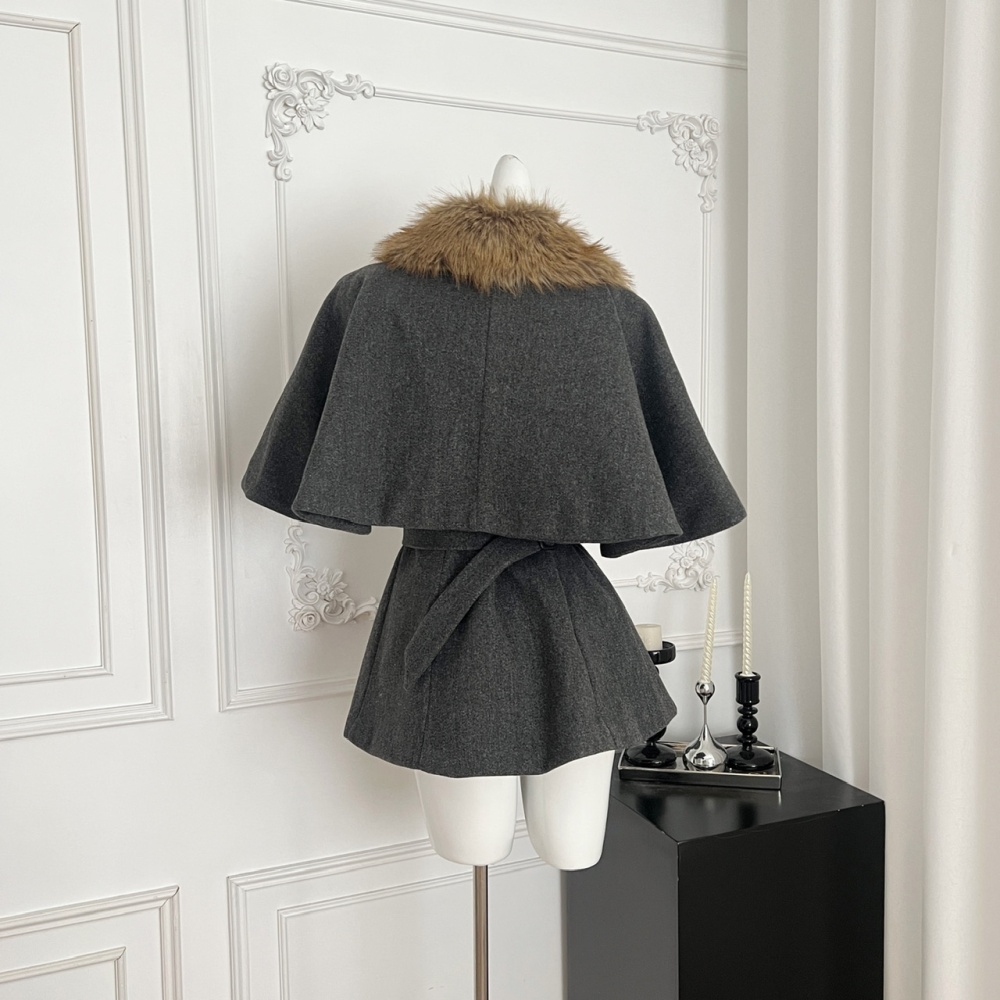 Fur collar dark-gray woolen coat winter coat for women