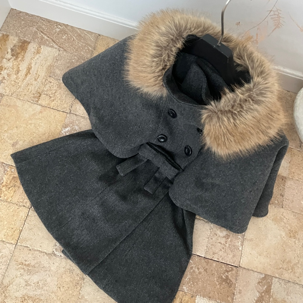 Fur collar dark-gray woolen coat winter coat for women