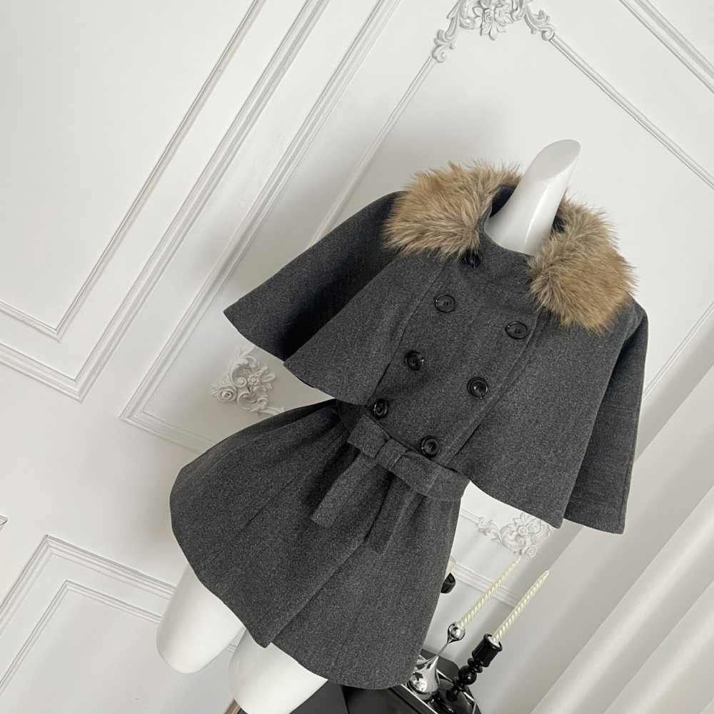 Fur collar dark-gray woolen coat winter coat for women