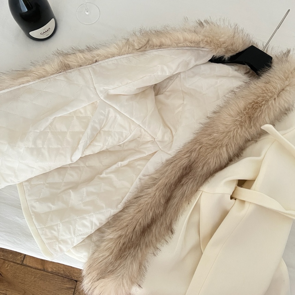 Woolen pinched waist overcoat faux fur white dress