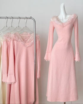 Fur collar France style spring tender dress