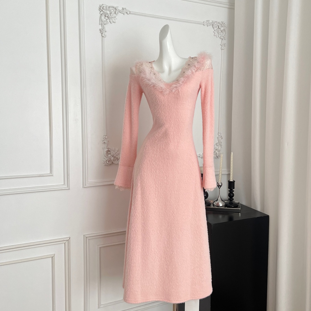 Fur collar France style spring tender dress