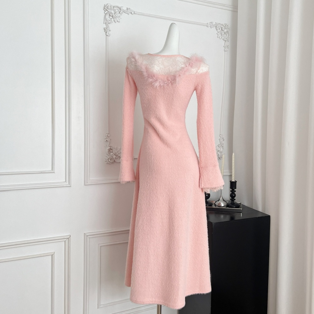 Fur collar France style spring tender dress