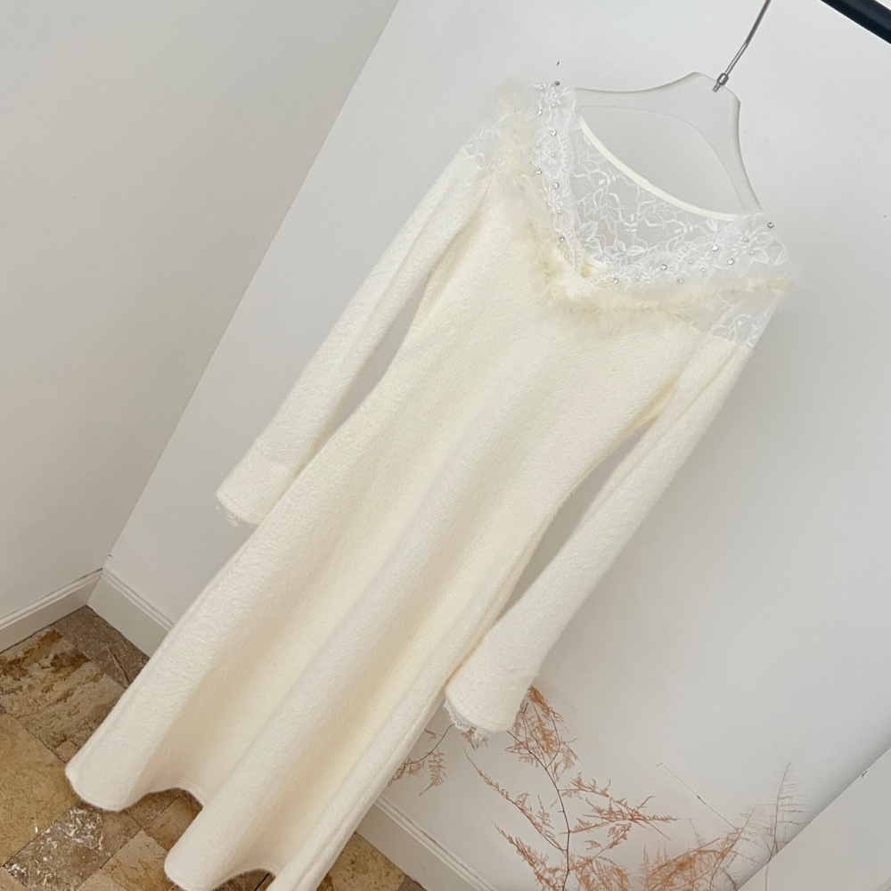 Fur collar France style spring tender dress