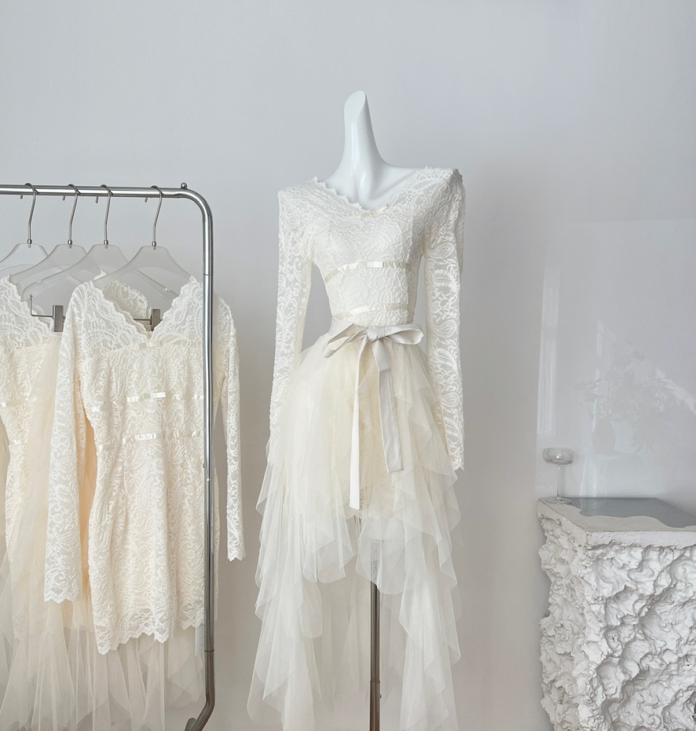 Tender gauze lace trailing chanelstyle dress 2pcs set