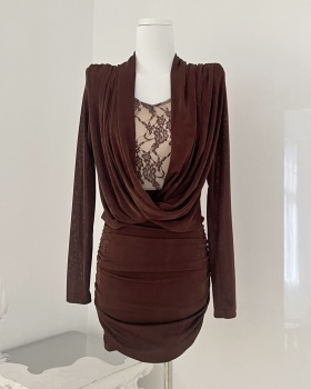 Slim package hip pinched waist pinch pleated lace dress