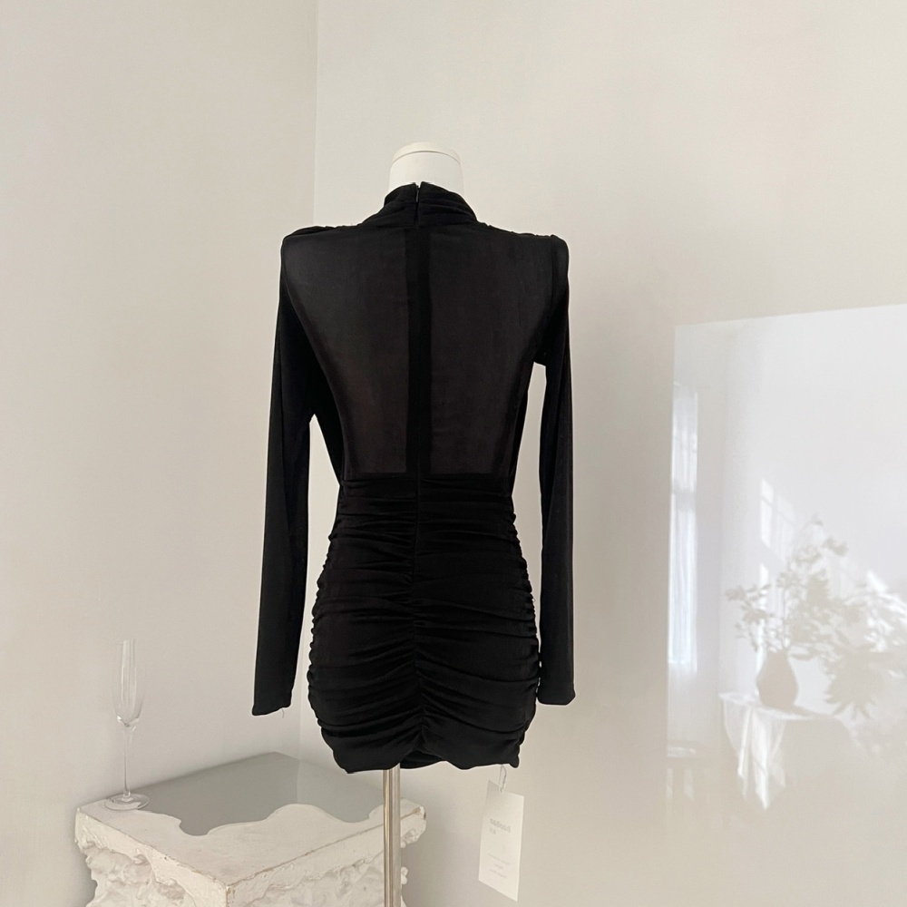 Slim package hip pinched waist pinch pleated lace dress