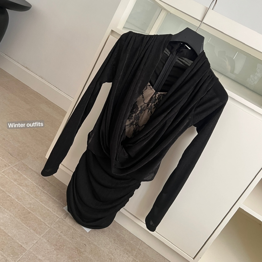 Slim package hip pinched waist pinch pleated lace dress