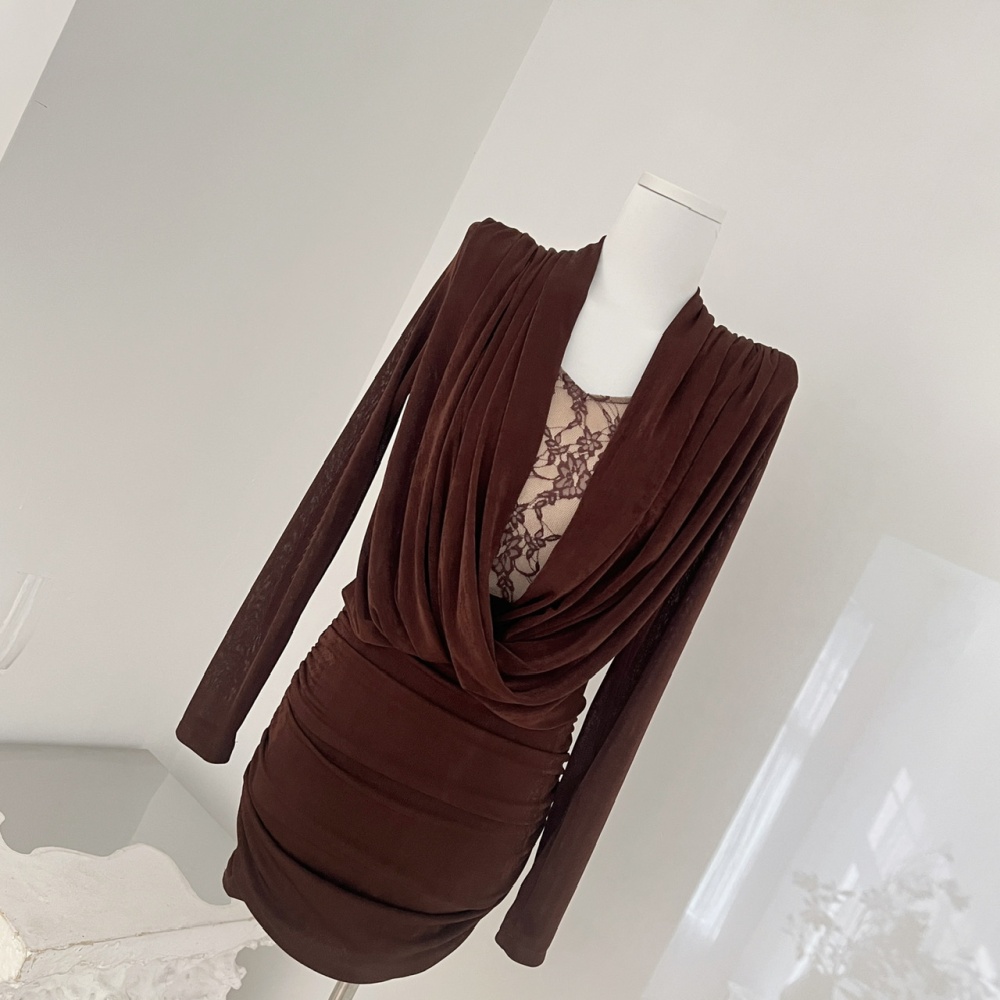 Slim package hip pinched waist pinch pleated lace dress