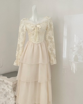 France style temperament flowers ostrich hair lace dress