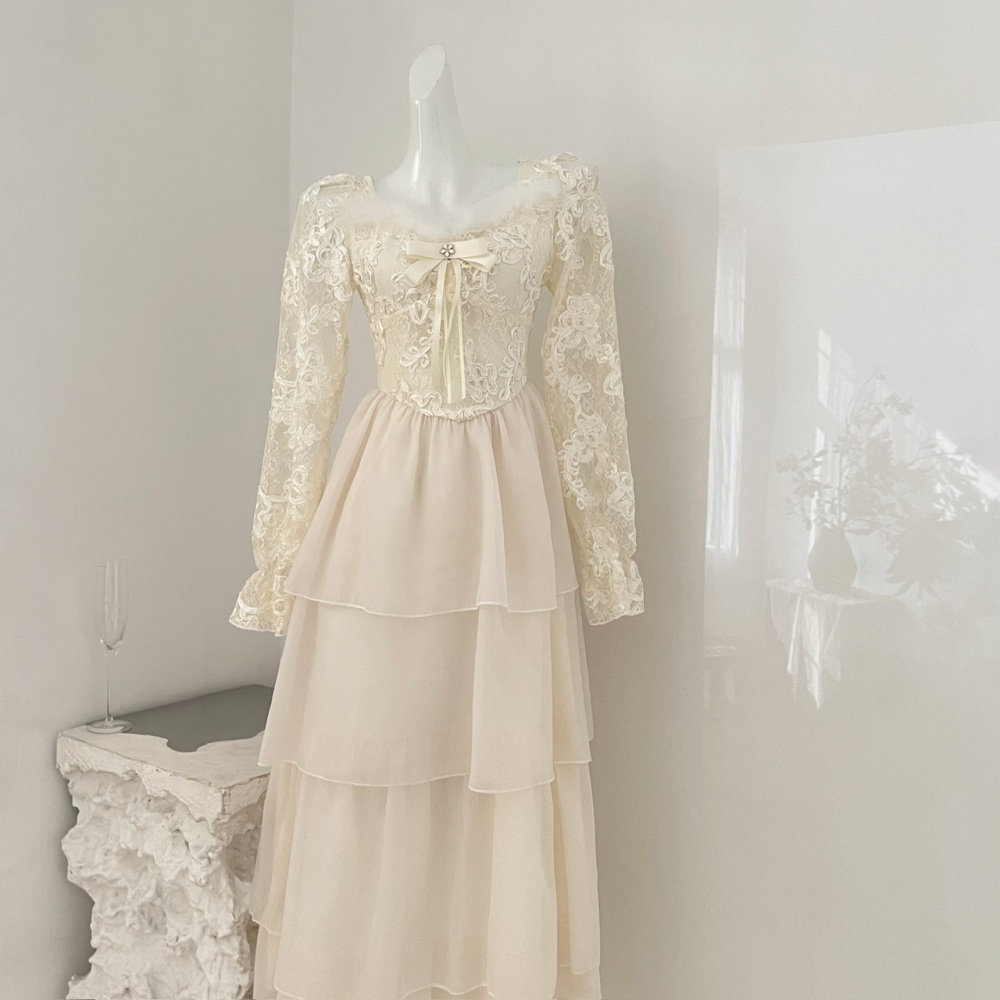 France style temperament flowers ostrich hair lace dress
