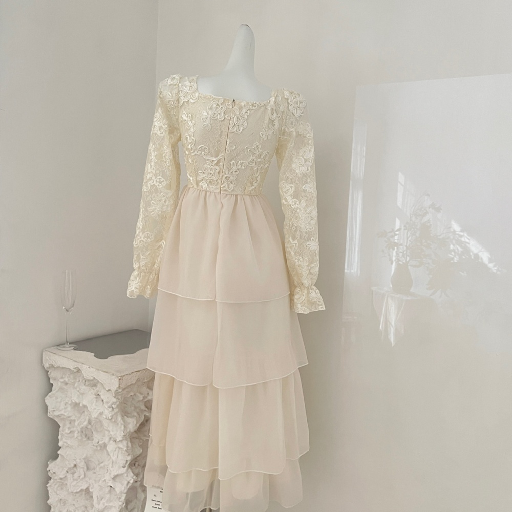 France style temperament flowers ostrich hair lace dress