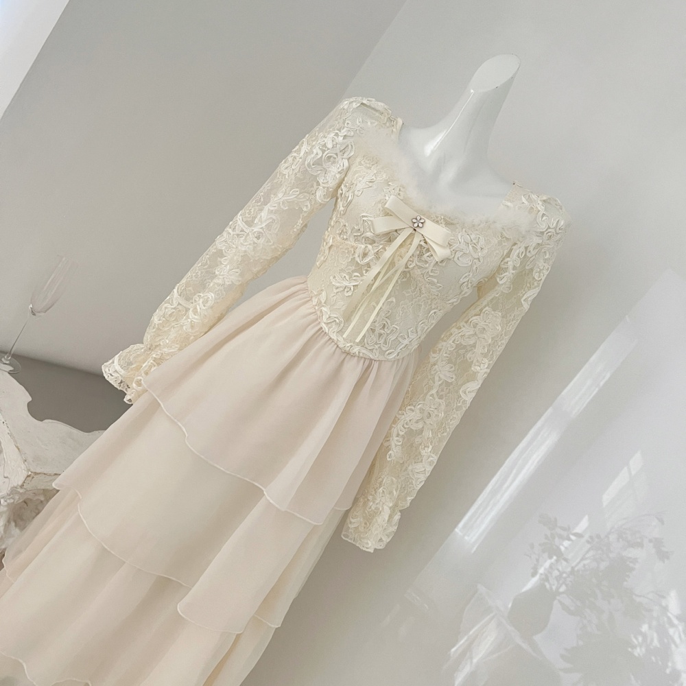France style temperament flowers ostrich hair lace dress