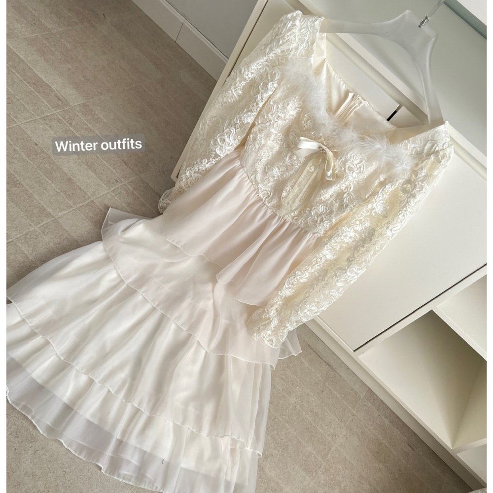 France style temperament flowers ostrich hair lace dress