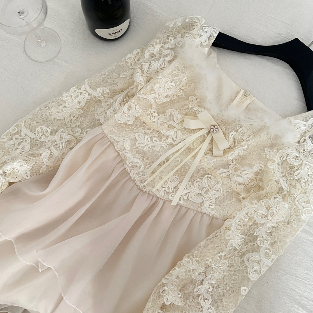 France style temperament flowers ostrich hair lace dress