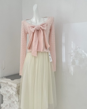 Knitted Pseudo-two tops bow wool skirt a set