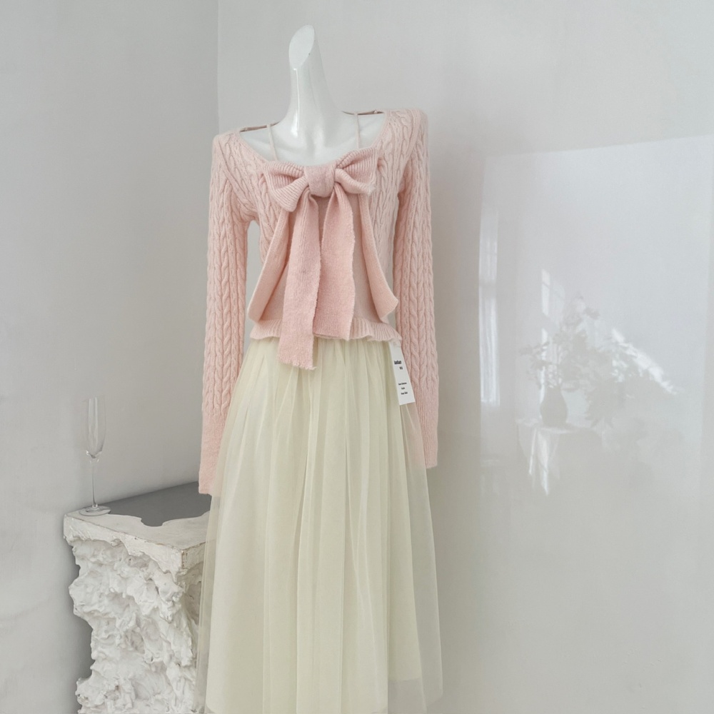 Knitted Pseudo-two tops bow wool skirt a set