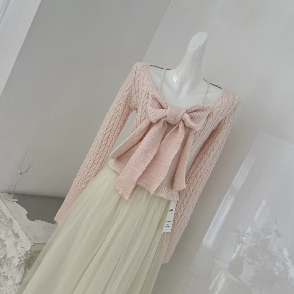 Knitted Pseudo-two tops bow wool skirt a set