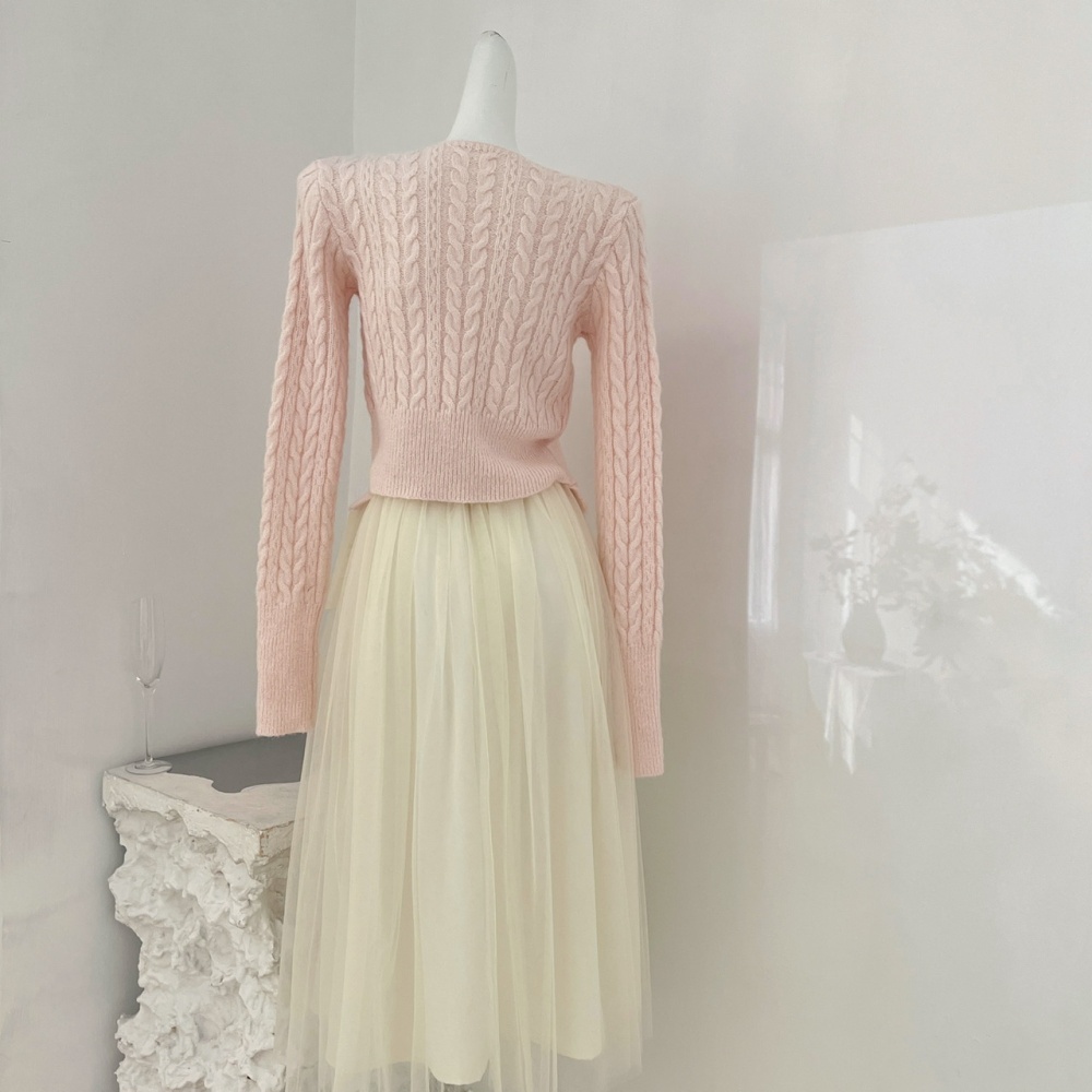 Knitted Pseudo-two tops bow wool skirt a set