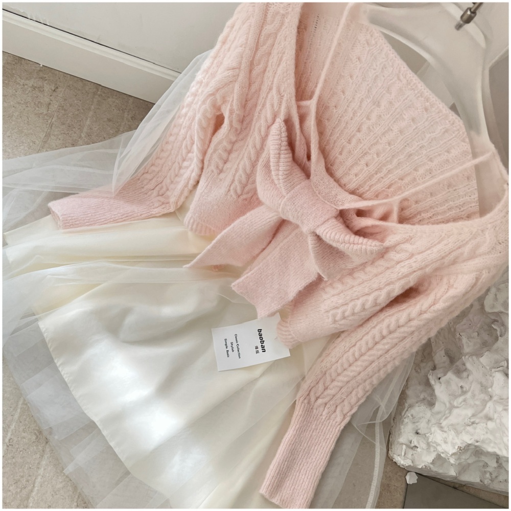 Knitted Pseudo-two tops bow wool skirt a set