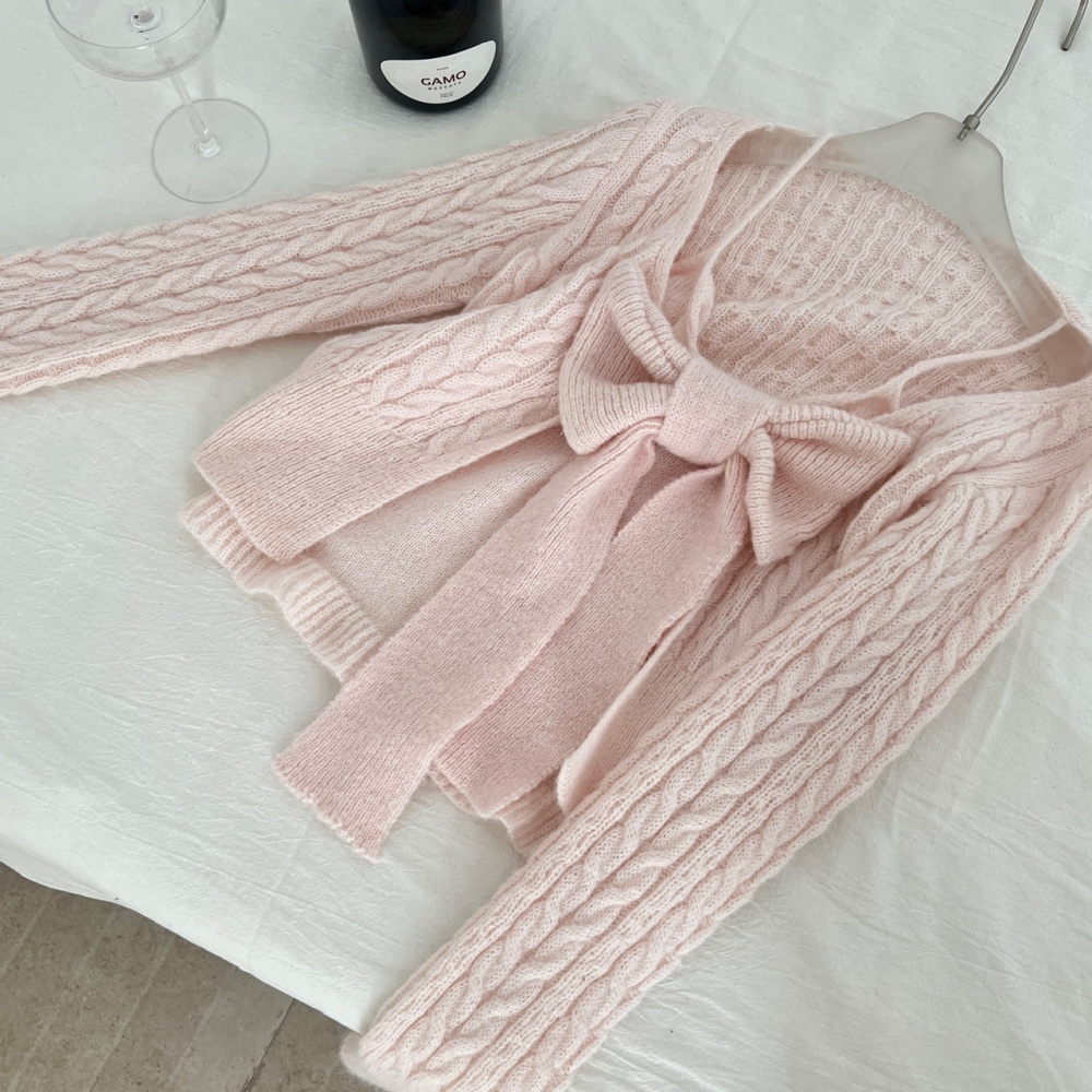 Knitted Pseudo-two tops bow wool skirt a set