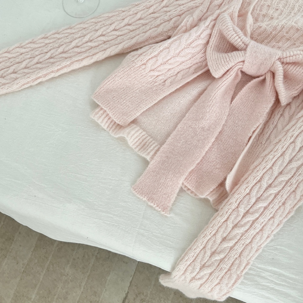 Knitted Pseudo-two tops bow wool skirt a set