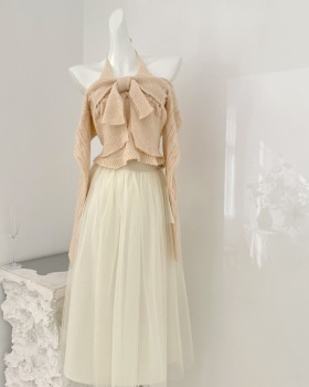 Wool bow tops Pseudo-two knitted skirt a set