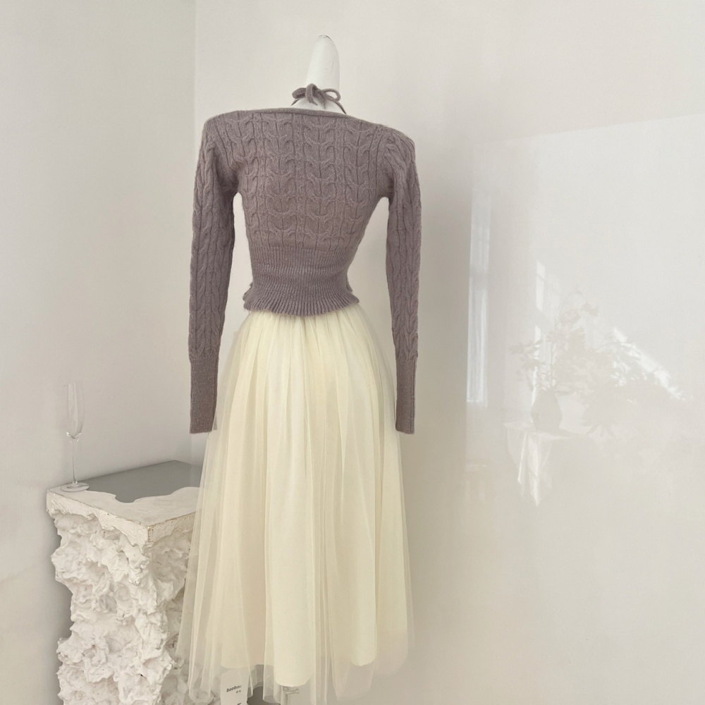 Wool bow tops Pseudo-two knitted skirt a set