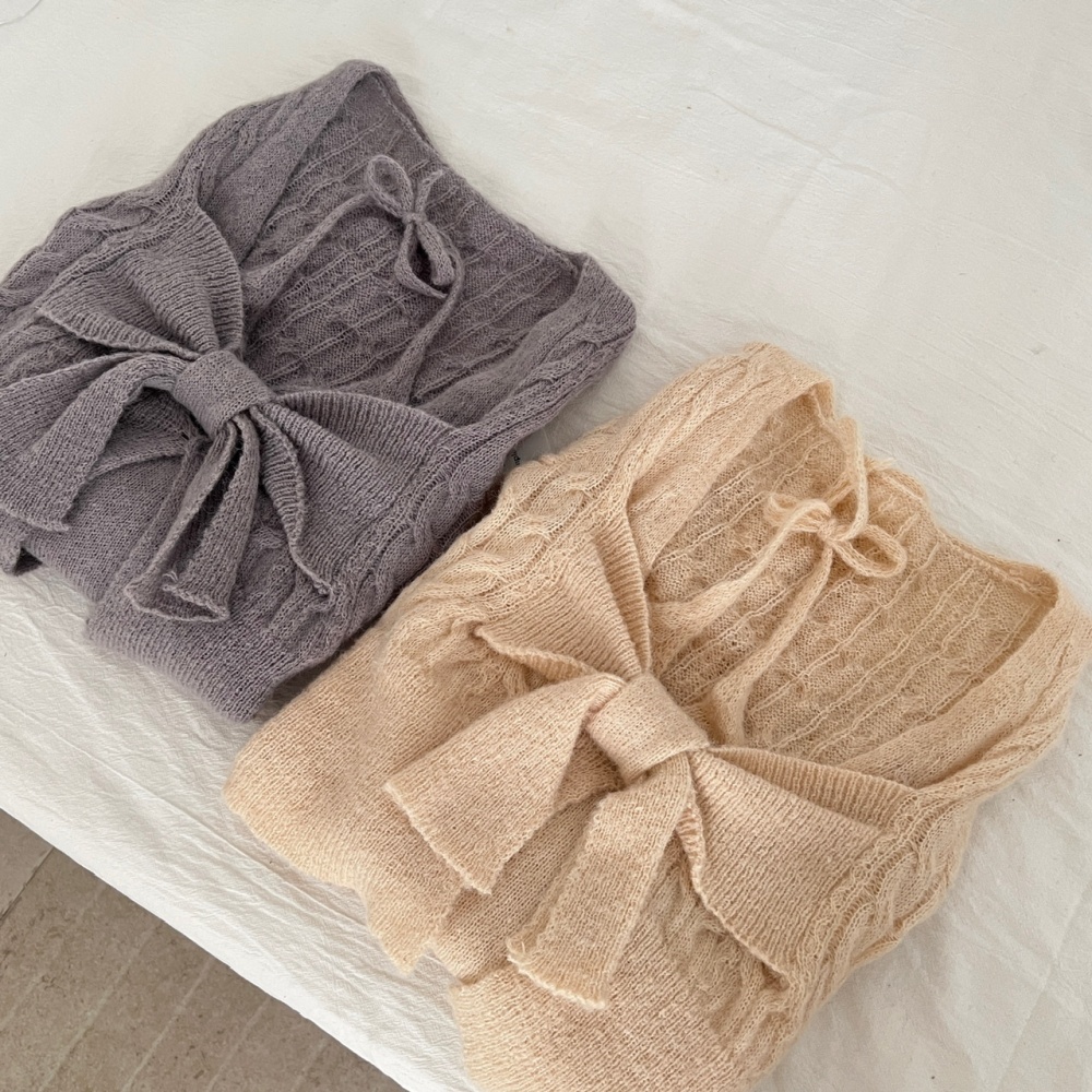 Wool bow tops Pseudo-two knitted skirt a set