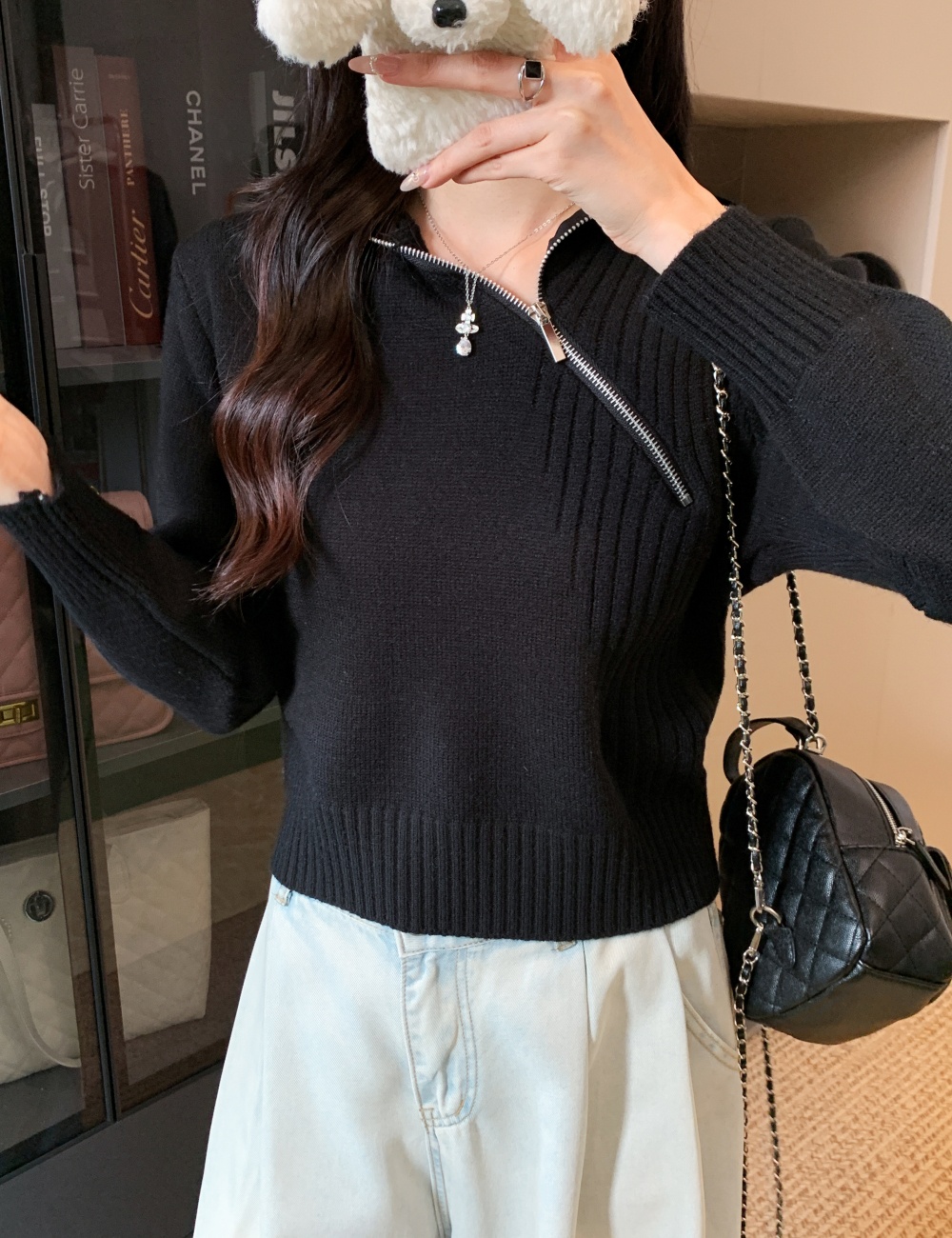 Niche oblique zipper sweater pullover Korean style tops