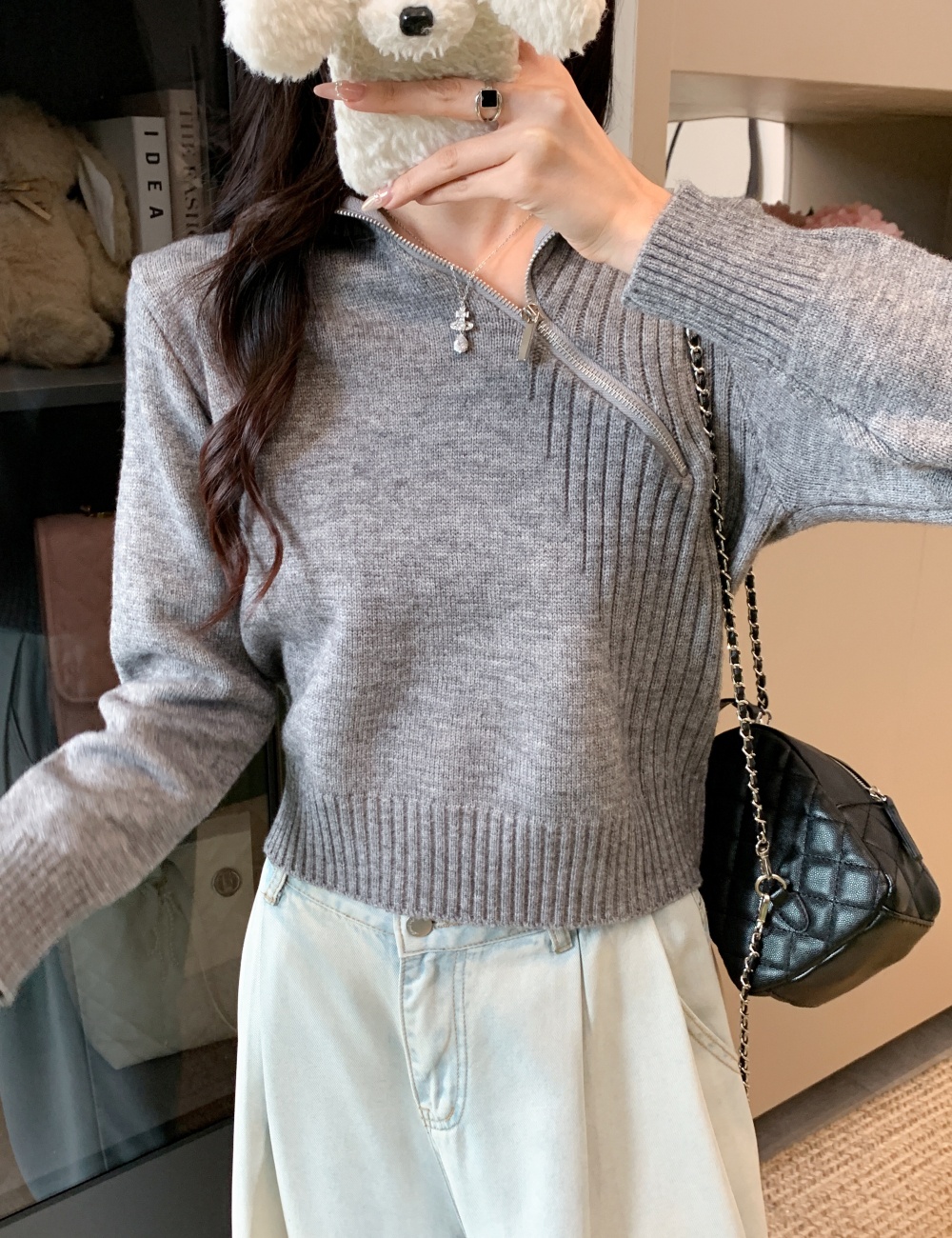 Niche oblique zipper sweater pullover Korean style tops